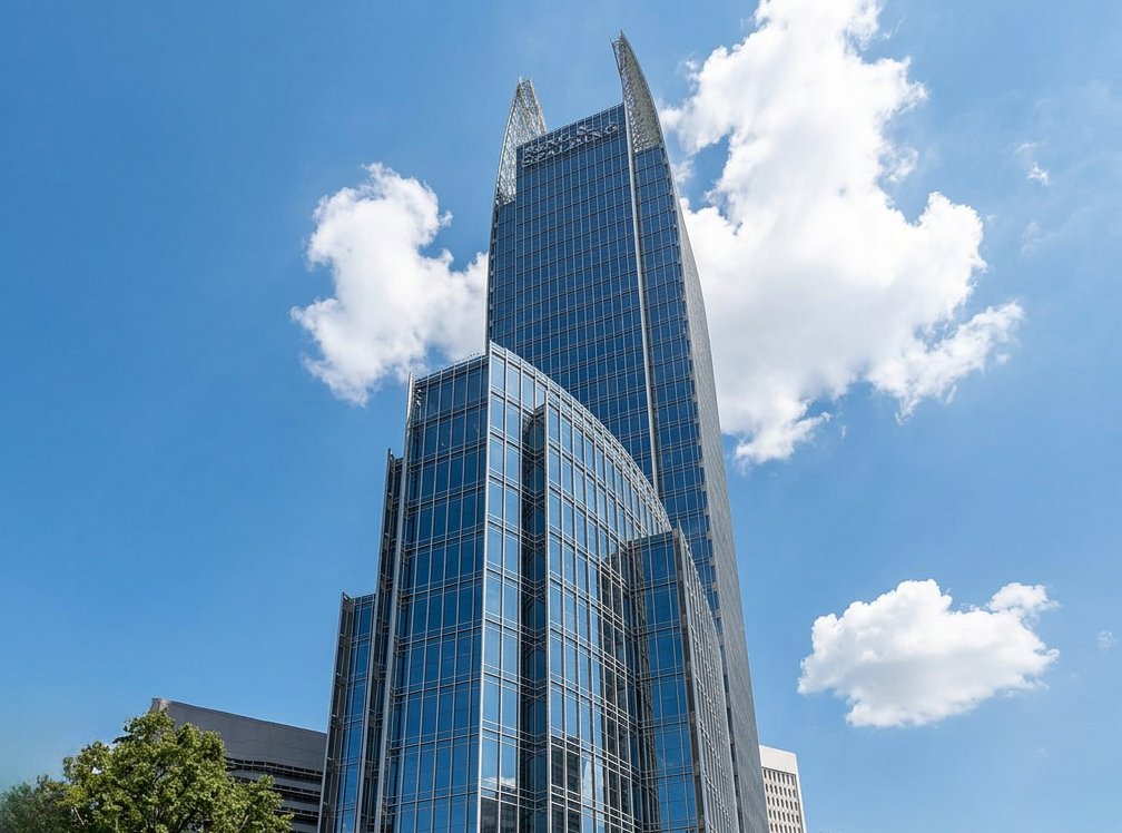 A tall modern glass skyscraper with a curved design against a bright blue sky with a few white clouds.