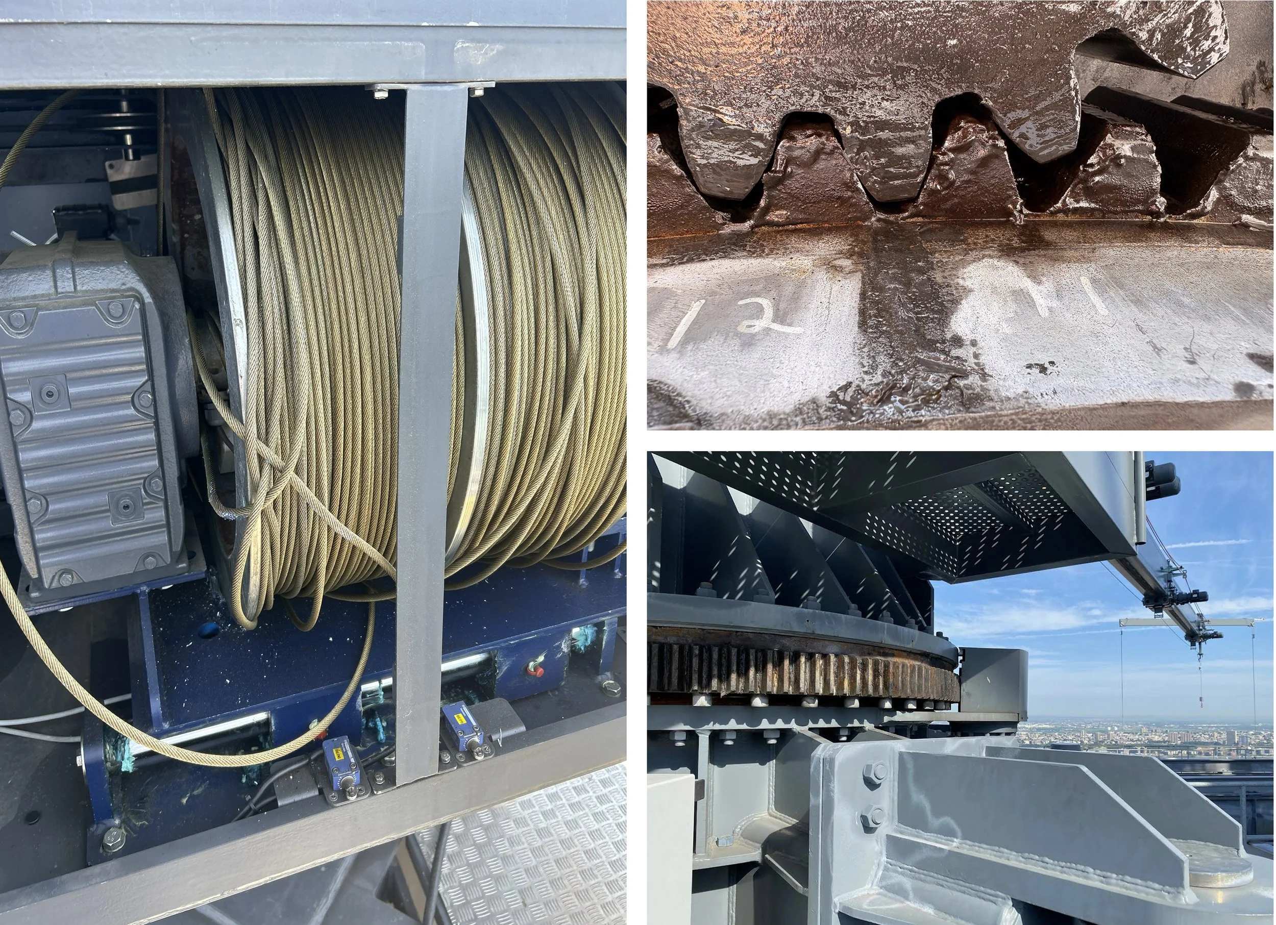 Close-up images of construction equipment and machinery, including steel cables, hydraulic parts, gears, and metallic structures, set against a backdrop of a city skyline and blue sky.