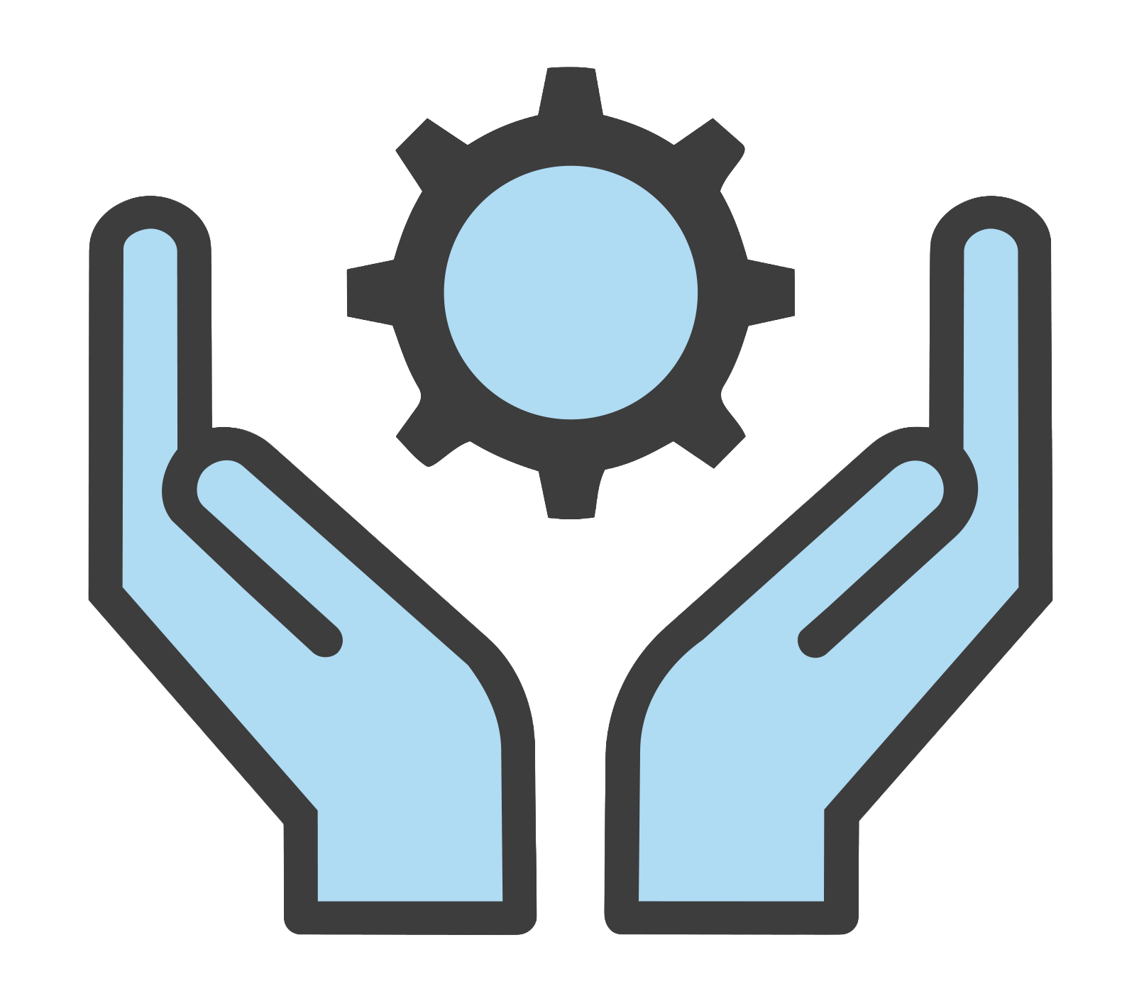 Two blue hands holding a gear with a blue center.