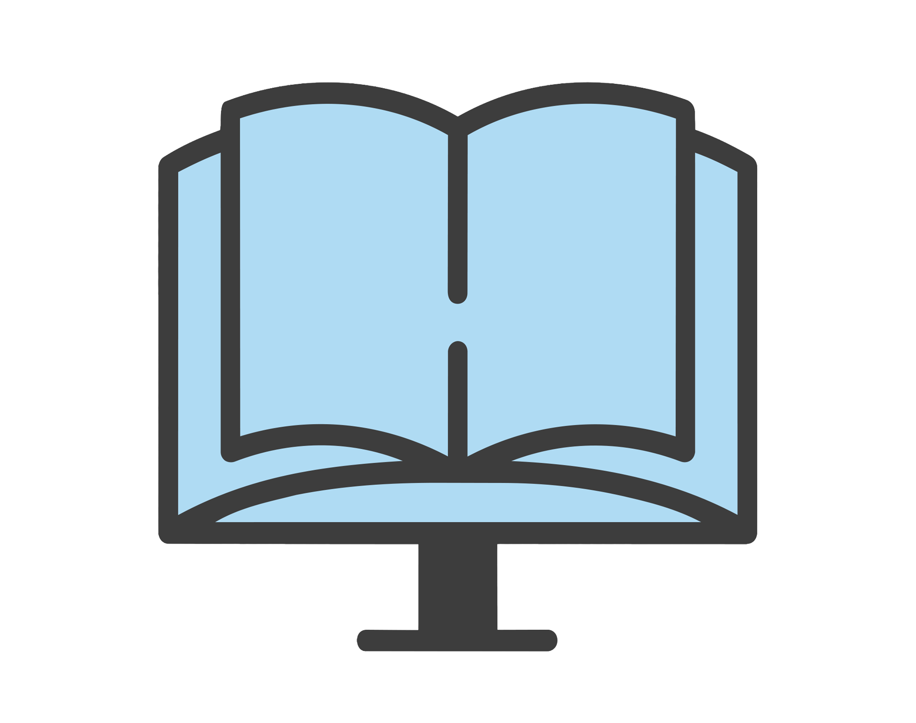 Computer monitor displaying an open book with blue pages.