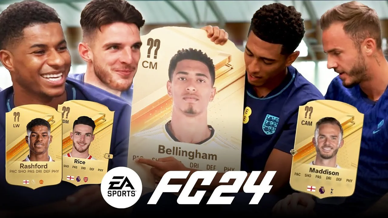 Four young men in blue sports jerseys holding and discussing FIFA Ultimate Team player cards from FIFA 24, featuring players Rashford, Rice, Bellingham, and Maddison, with EA Sports FC 24 logo at the bottom.