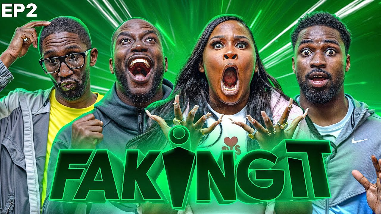 Four people with surprised and angry expressions, with a green background featuring light streaks, and the words 'FAKE NIGHT' in glowing green letters at the bottom.