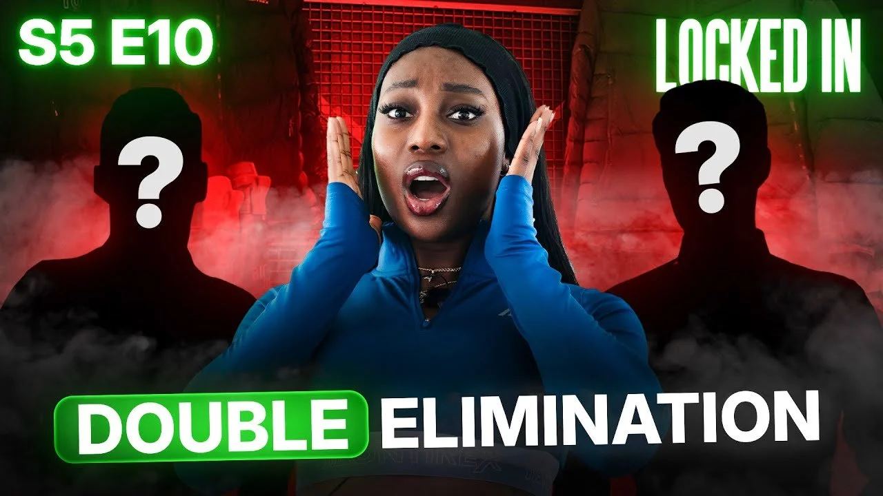 A woman in blue sportswear covering her ears with a surprised expression. Behind her are two silhouetted figures with question marks over their faces, set against a red and black gaming or esports-themed background with green and white text displaying "$5 E10", "LOCKED IN", "DOUBLE", and "ELIMINATION."