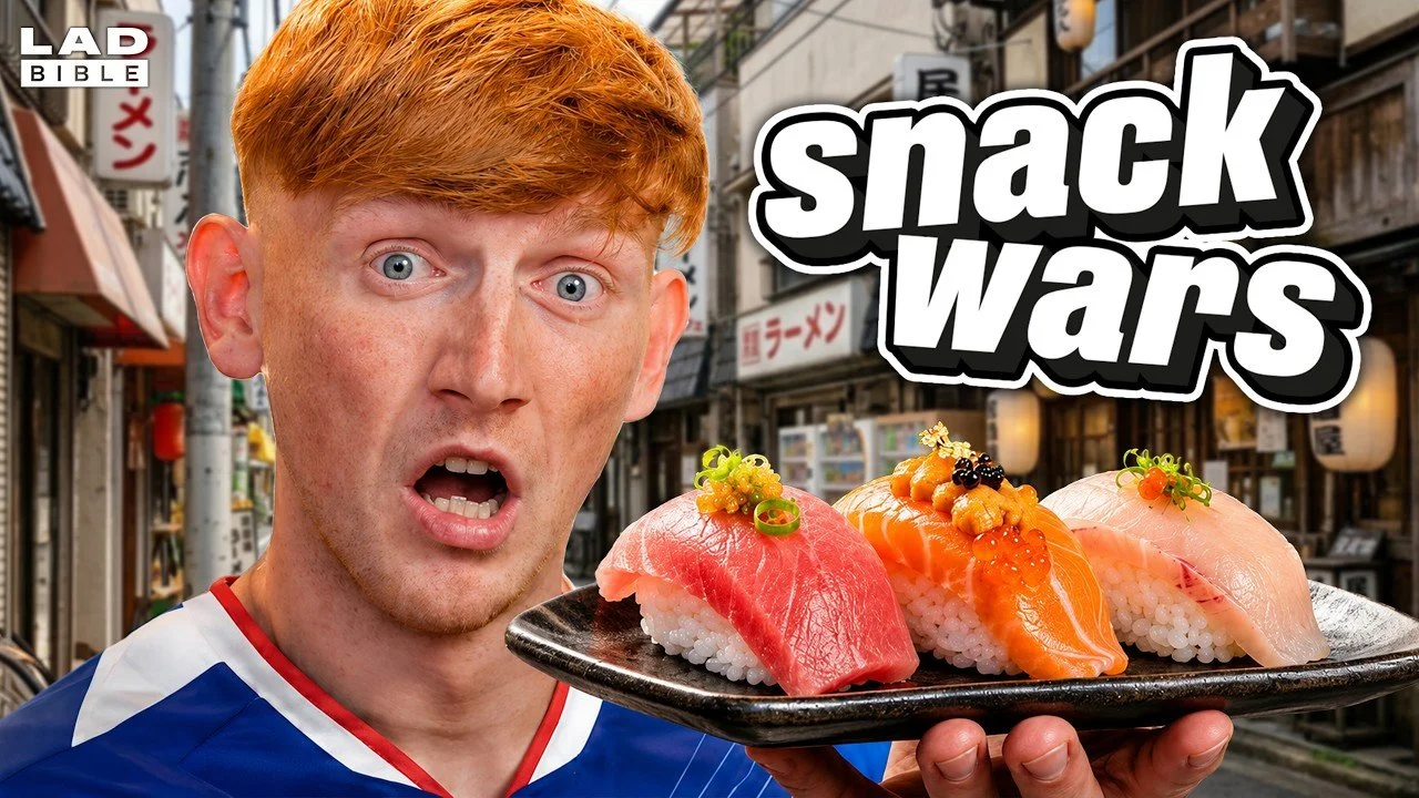 A man with red hair and surprised expression holding a plate of three pieces of sushi with various toppings against a city street background.