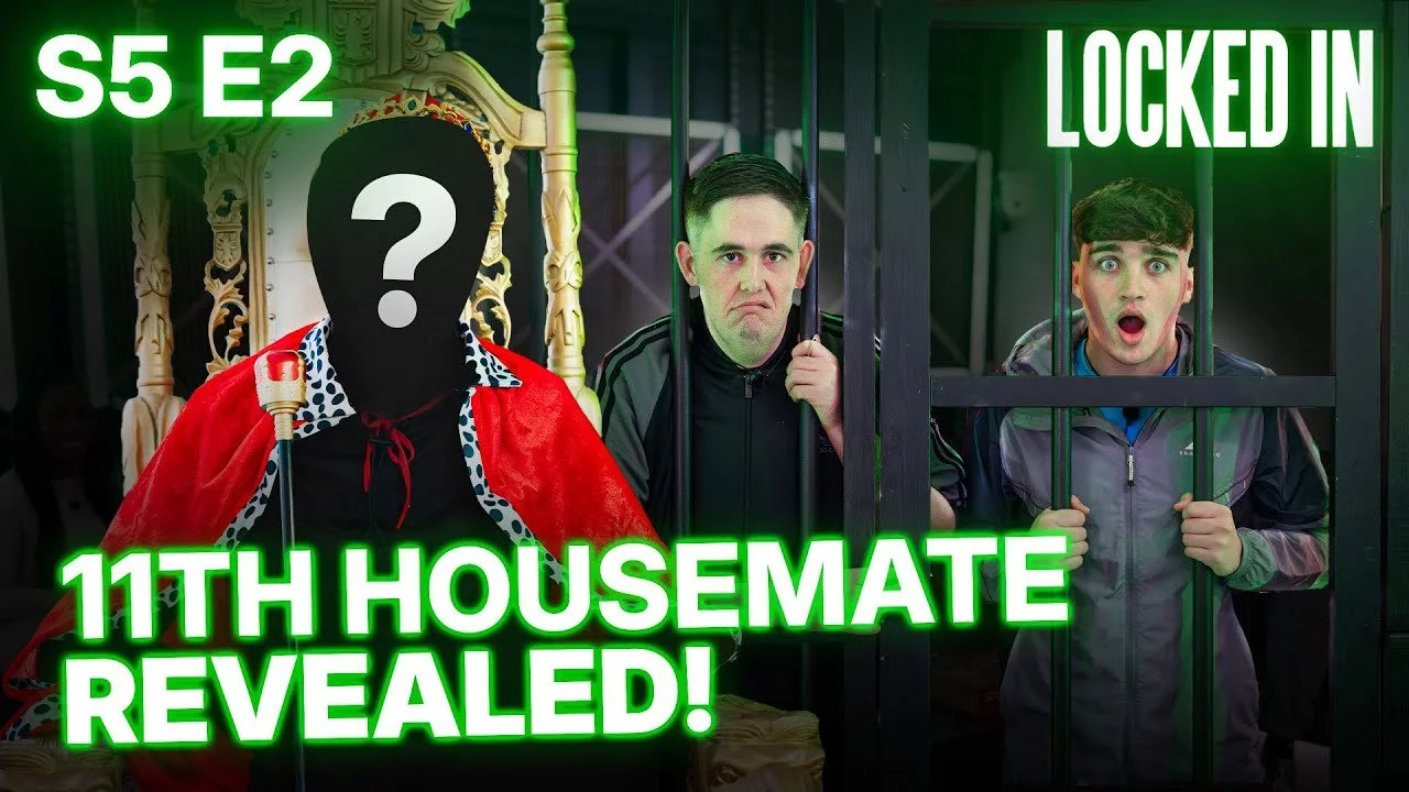Thumbnail of a video featuring a mysterious figure with a faceless mask and a question mark, seated on a throne, with two young men behind bars appearing surprised. The text reads 'S5 E2 Locked In 11th Housemate Revealed!' in bright green letters.