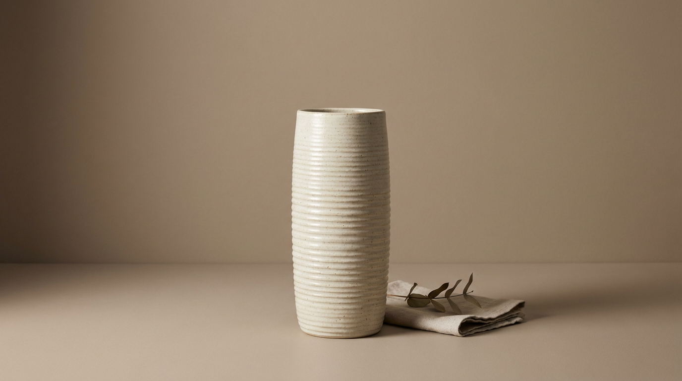A tall, beige ceramic vase with horizontal ridges, placed on a neutral surface next to a folded cloth napkin and a sprig of dried leaves.