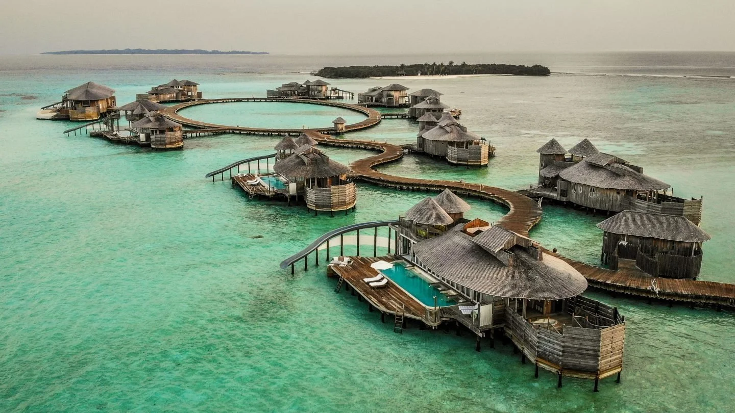 Aerial view of Soneva Fushi island in the Baa Atoll, Maldives