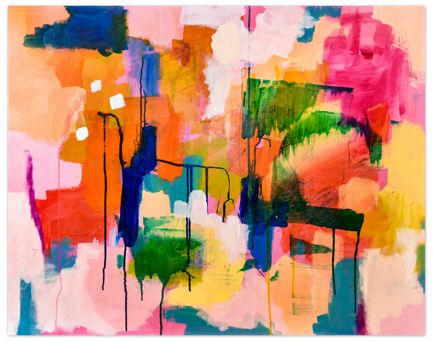 An abstract painting with bright, vibrant colors including pink, orange, green, blue, yellow, and black. The artwork features brushstrokes, drips, and patches of color, creating a dynamic and textured composition.