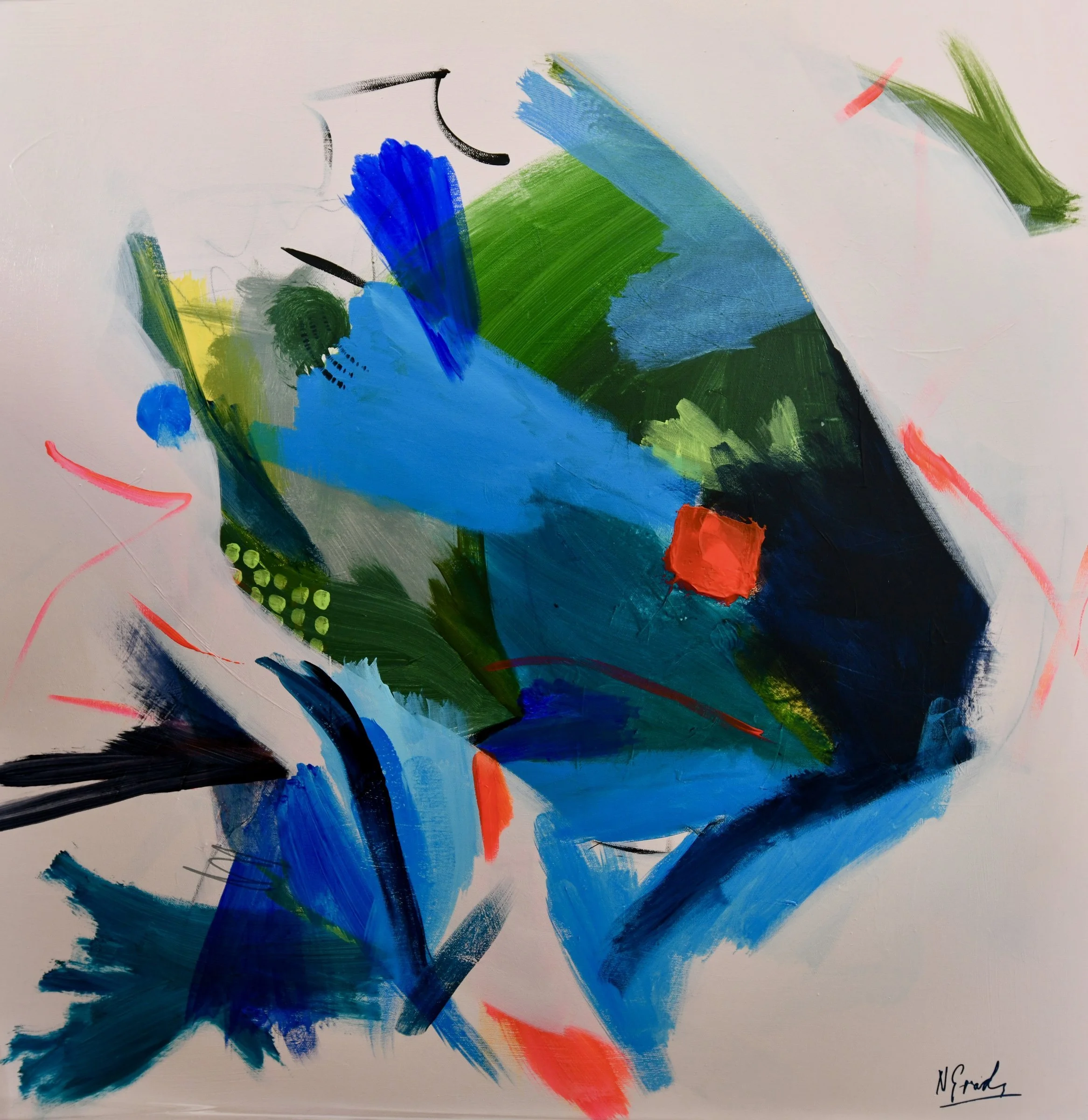 Abstract expressionist painting with bold blue, green, red, yellow, black, and gray brushstrokes on a white background, signed in the bottom right corner.