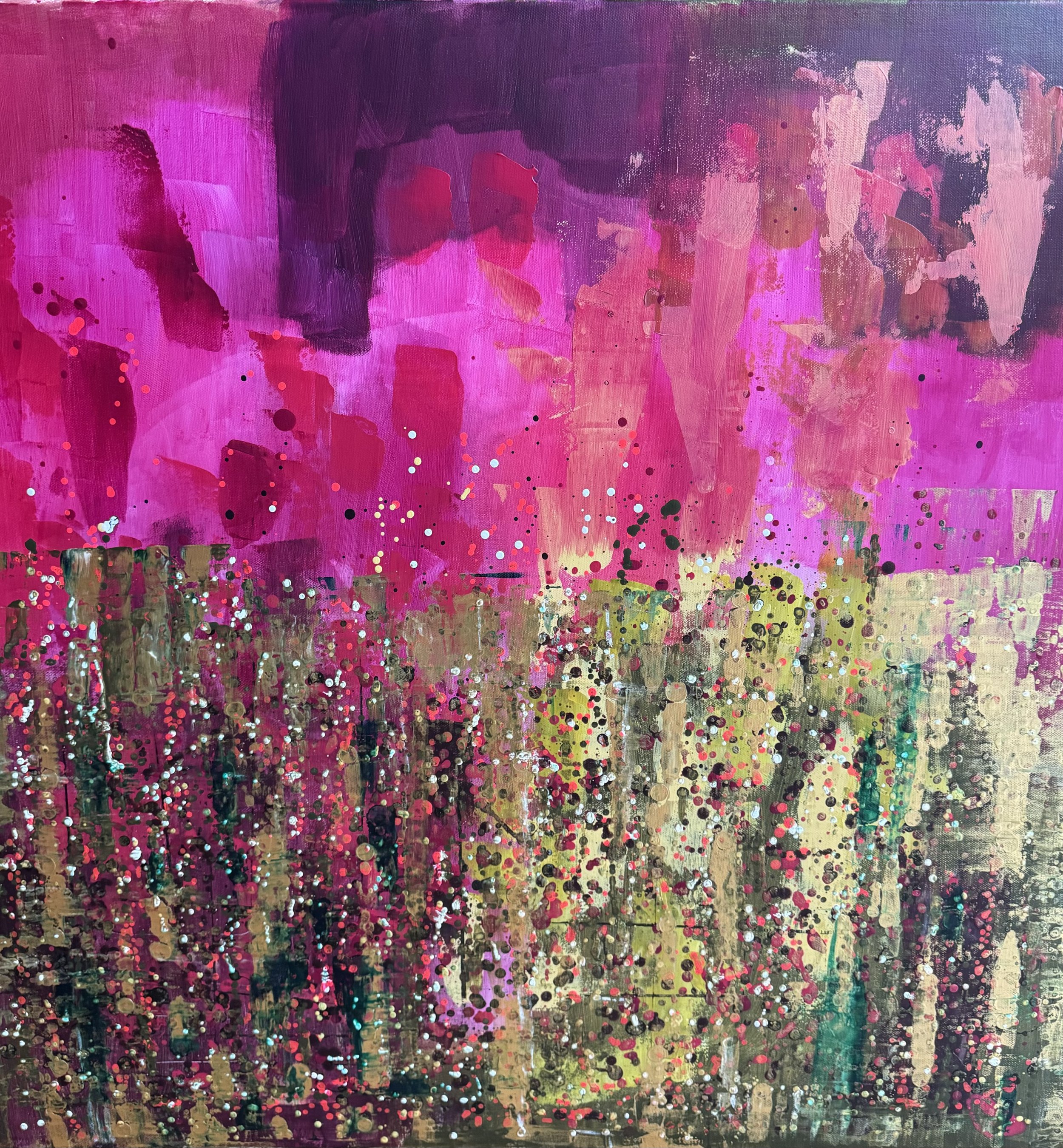 Abstract painting with vibrant pink, purple, beige, and black colors, with splashes of various sizes of white, pink, orange, and blue paint dots.