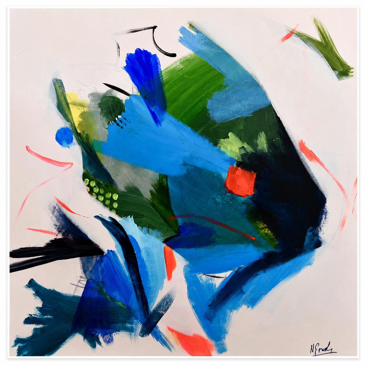 Abstract painting with bold blue, green, black, and red brushstrokes on a white background.
