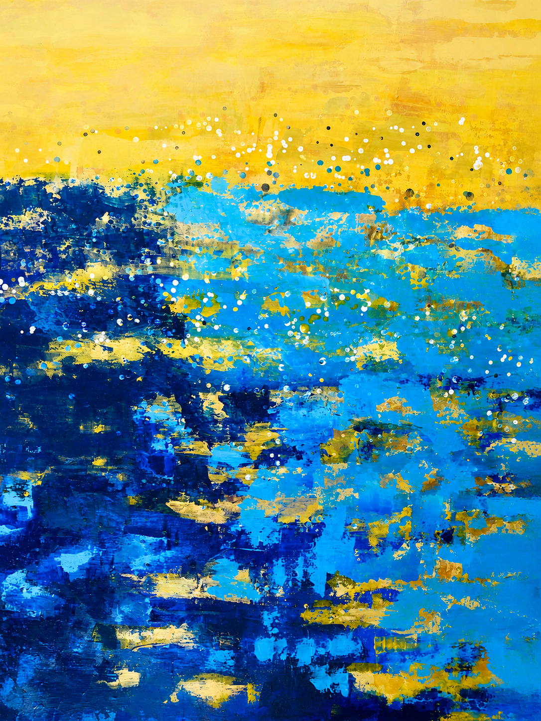 Abstract painting featuring shades of blue and yellow with scattered white dots.