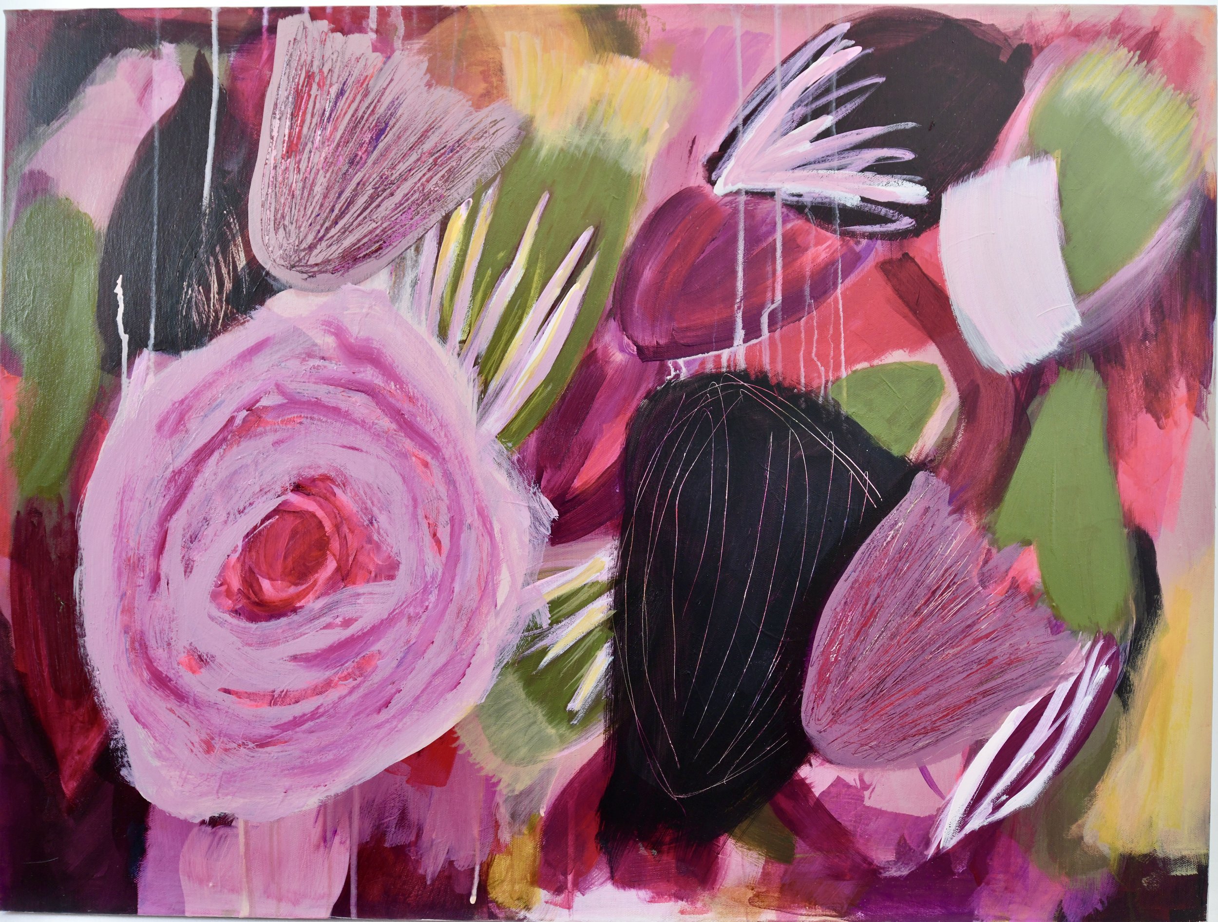 Abstract painting of pink and purple roses with green leaves and black background, with brush strokes and white accents.