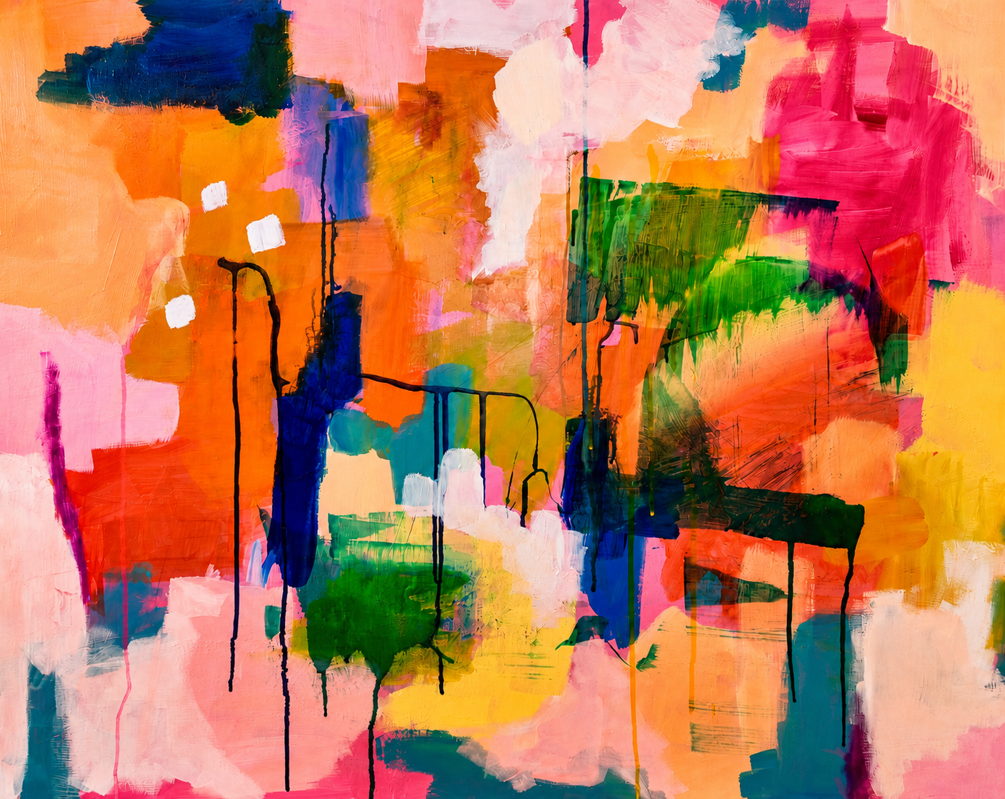 Abstract colorful painting with broad brushstrokes and drips of green, pink, orange, blue, and white.