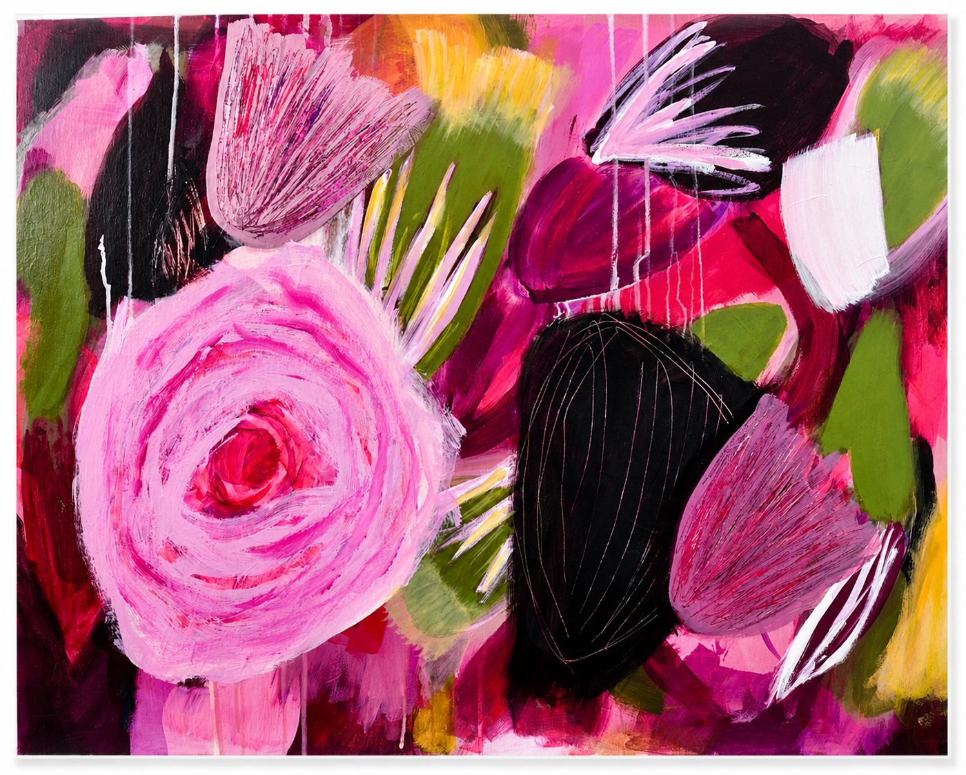 Abstract painting of pink, red, black, white, and green colors with large flower shapes and expressive brush strokes.