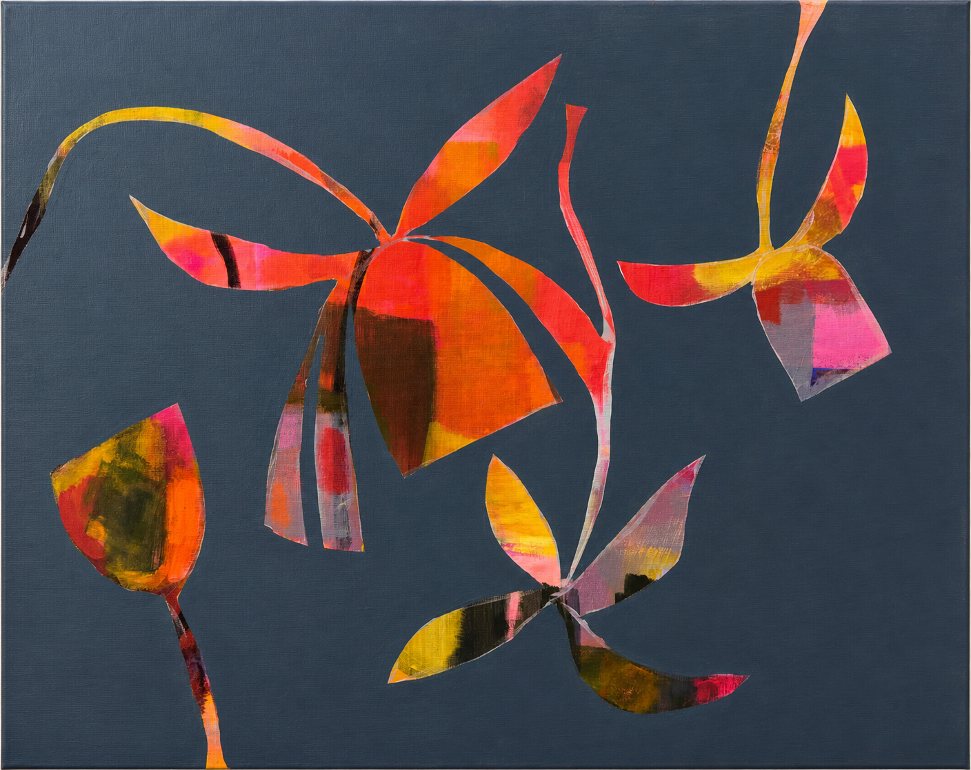 Abstract painting of colorful leaves on a dark background.