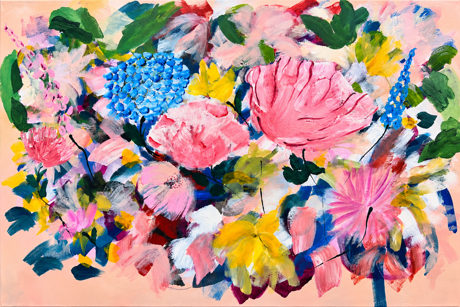 Abstract floral painting with large pink, yellow, blue, and white flowers, green and multicolored leaves on a light pink background.