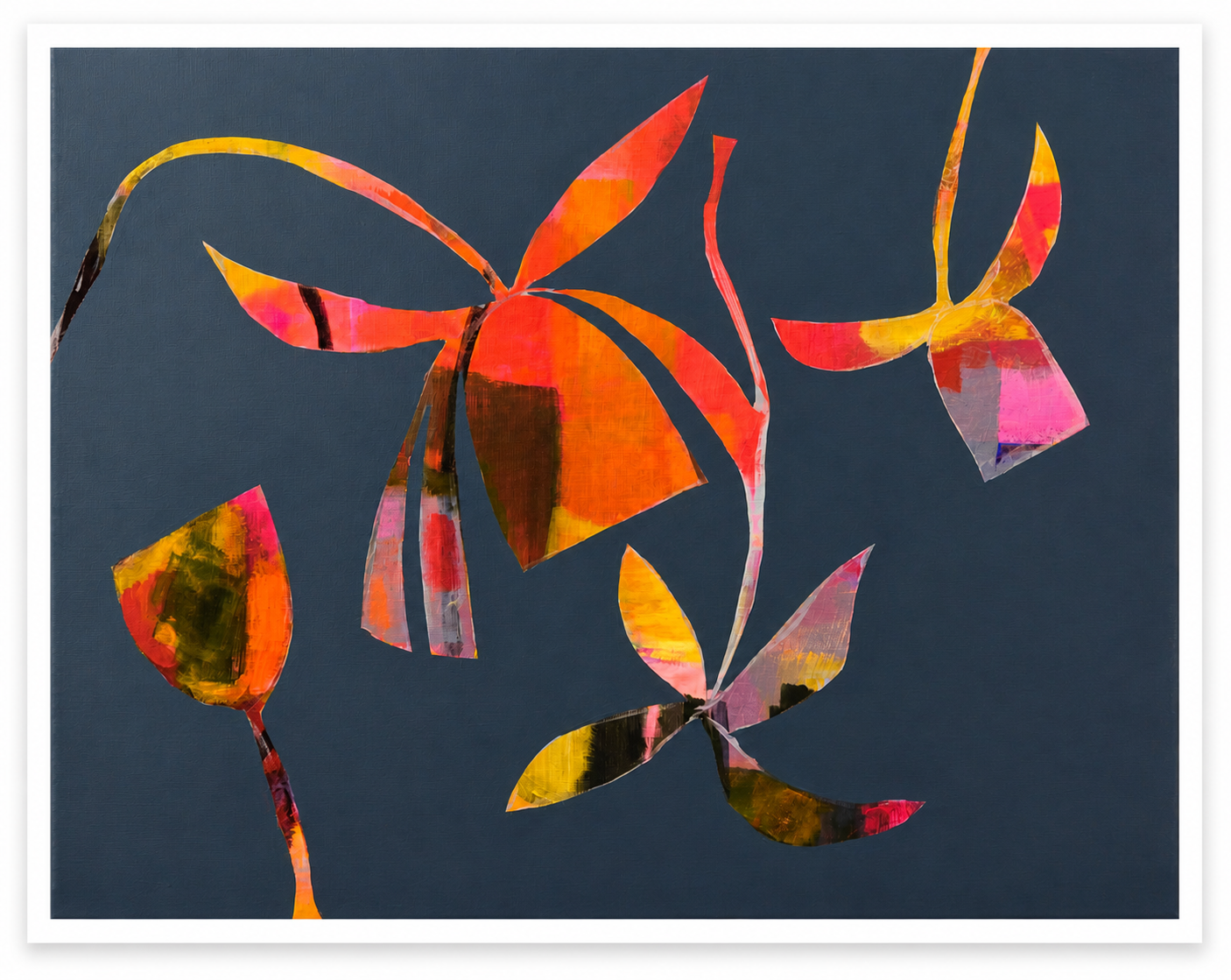 Abstract floral artwork with pink, orange, yellow, and black colors on a dark blue background.