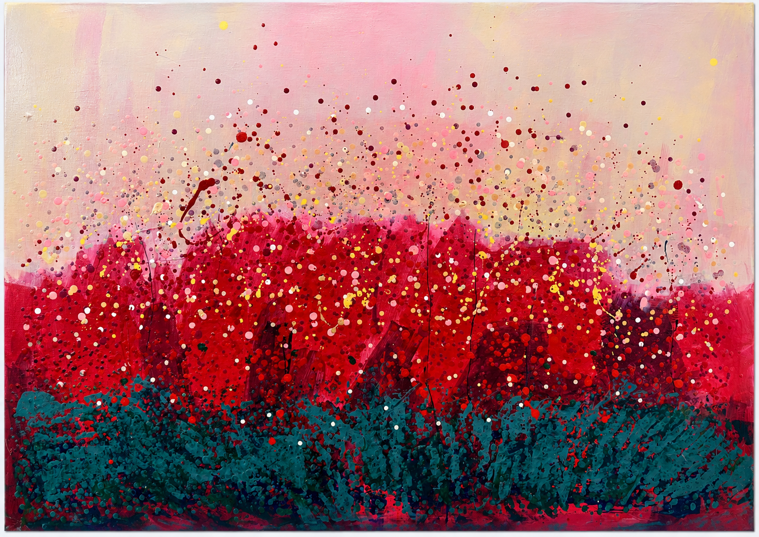 Abstract painting with a pink and red background, splattered with yellow, white, and dark red dots, and teal brushstrokes at the bottom.