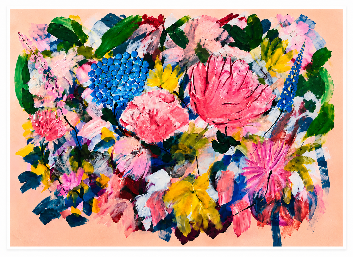 Colorful abstract painting of a bouquet of flowers with pink, yellow, blue, white, and green brushstrokes on a peach background.
