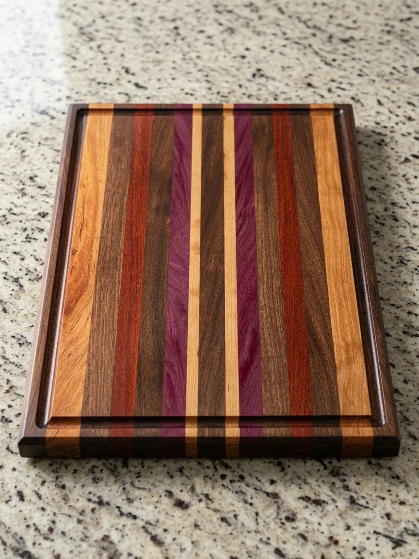 Wooden cutting board with colorful striped pattern on a granite countertop.