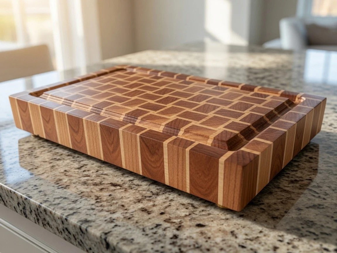 Wooden cutting board with a geometric pattern, placed on a kitchen countertop.