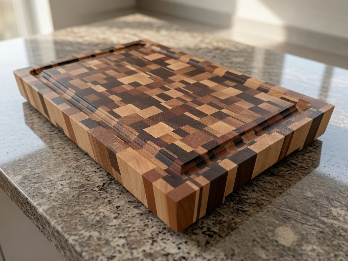 A wooden cutting board with a pixelated pattern made of various shades of wood, placed on a speckled granite countertop.