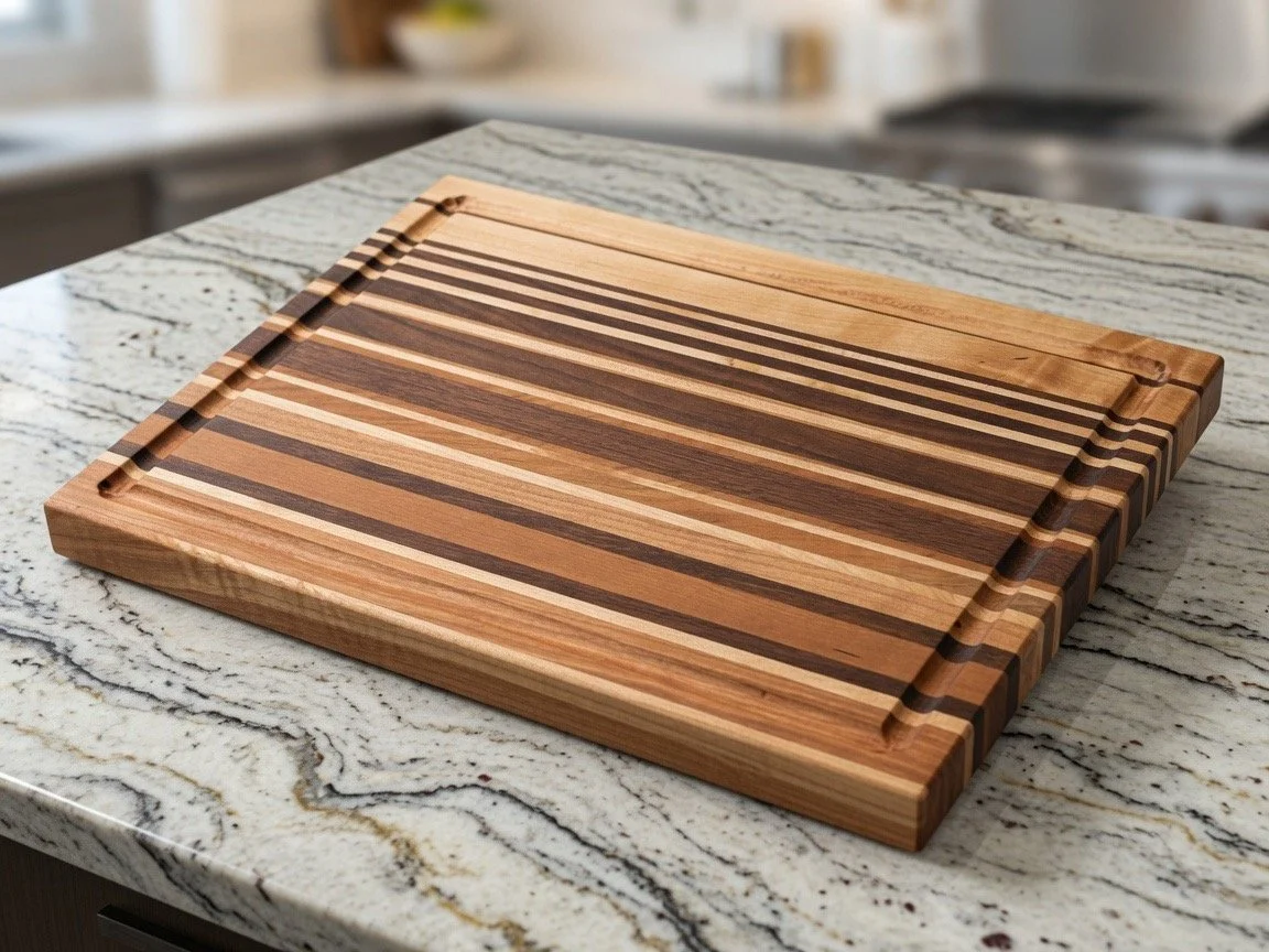Wooden cutting board with striped pattern on a marble countertop in a kitchen.