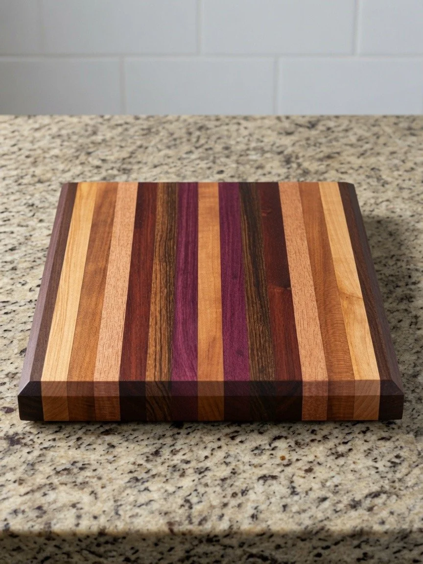 Colorful wooden cutting board on a granite countertop with white tiled wall in the background.
