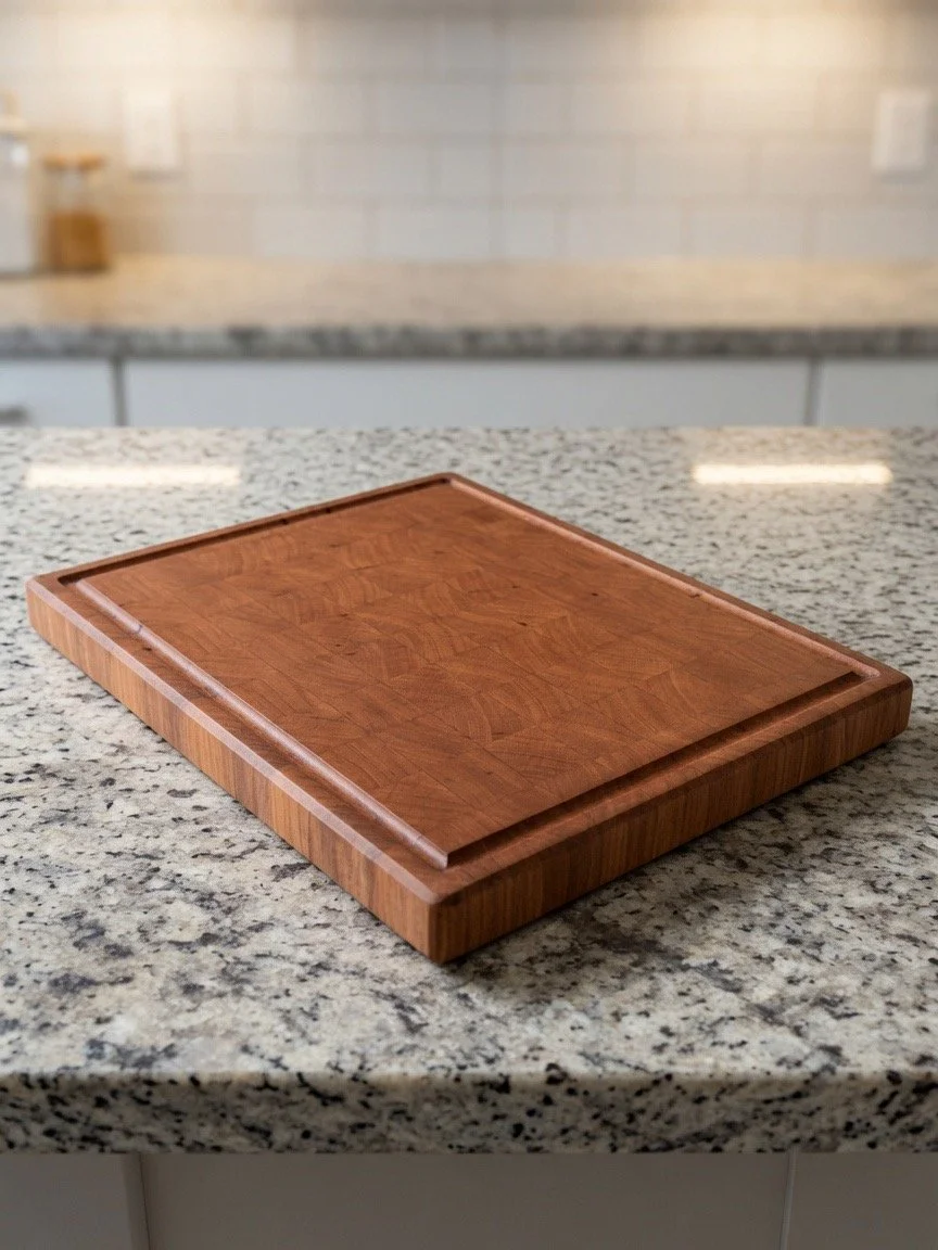 Wooden cutting board on a granite kitchen countertop.