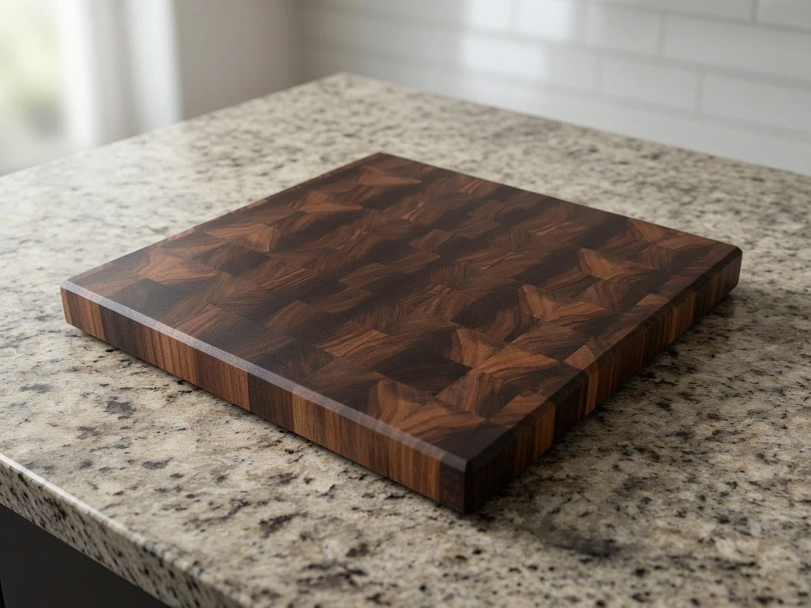 A wooden cutting board with a dark, patterned finish placed on a granite countertop.