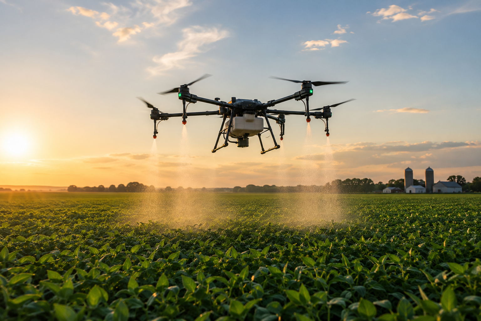A drone spraying crops in a field at sunset.