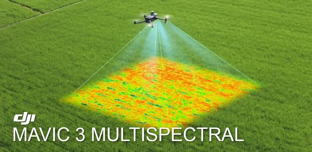 Drone flying over a green field, spraying water or chemicals, with a multispectral sensor capturing data from the field.
