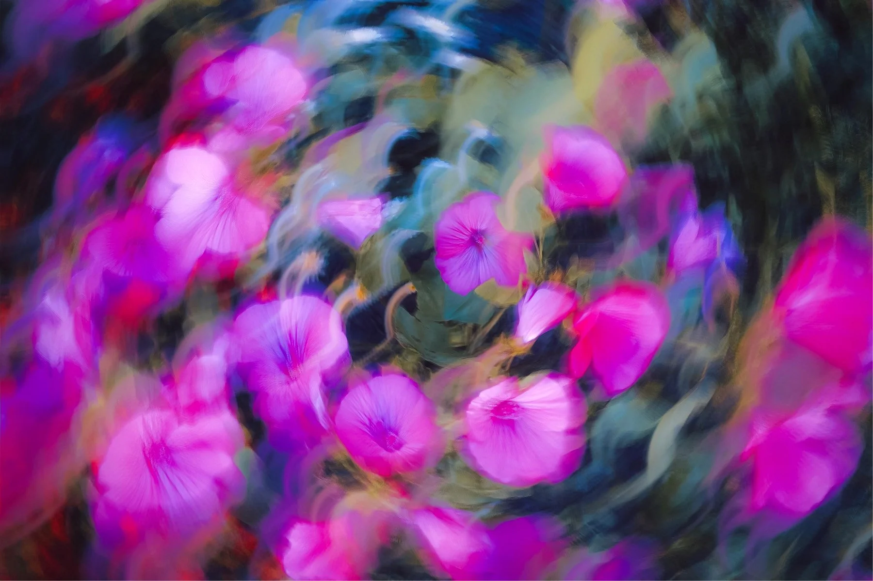 Abstract image of pink and purple flowers with swirling patterns and blurred background.