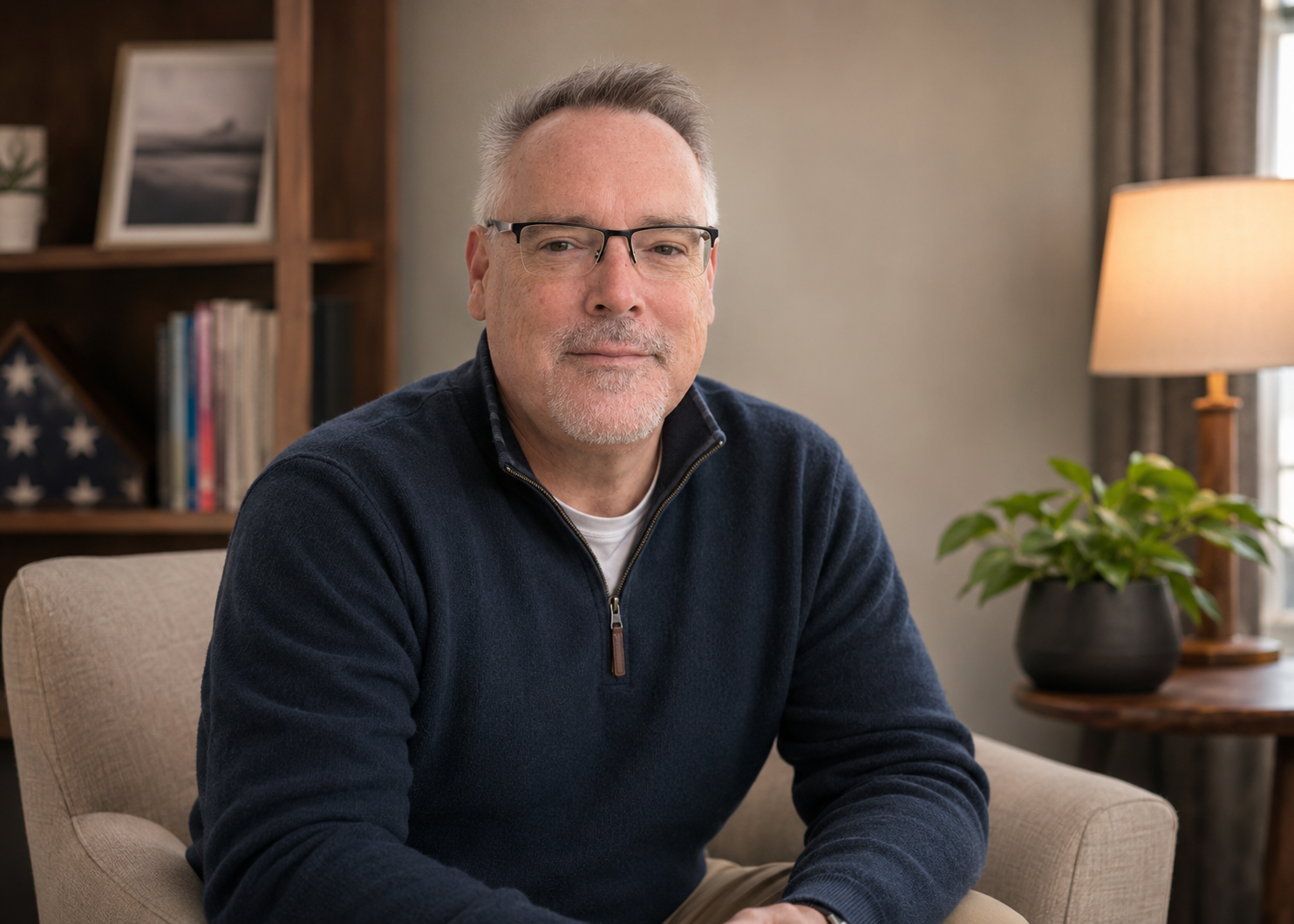 A warm portrait of a middle-aged therapist seated in a cozy office, wearing glasses and a navy sweater, with books, a lamp, plants, and a folded American flag in the background.