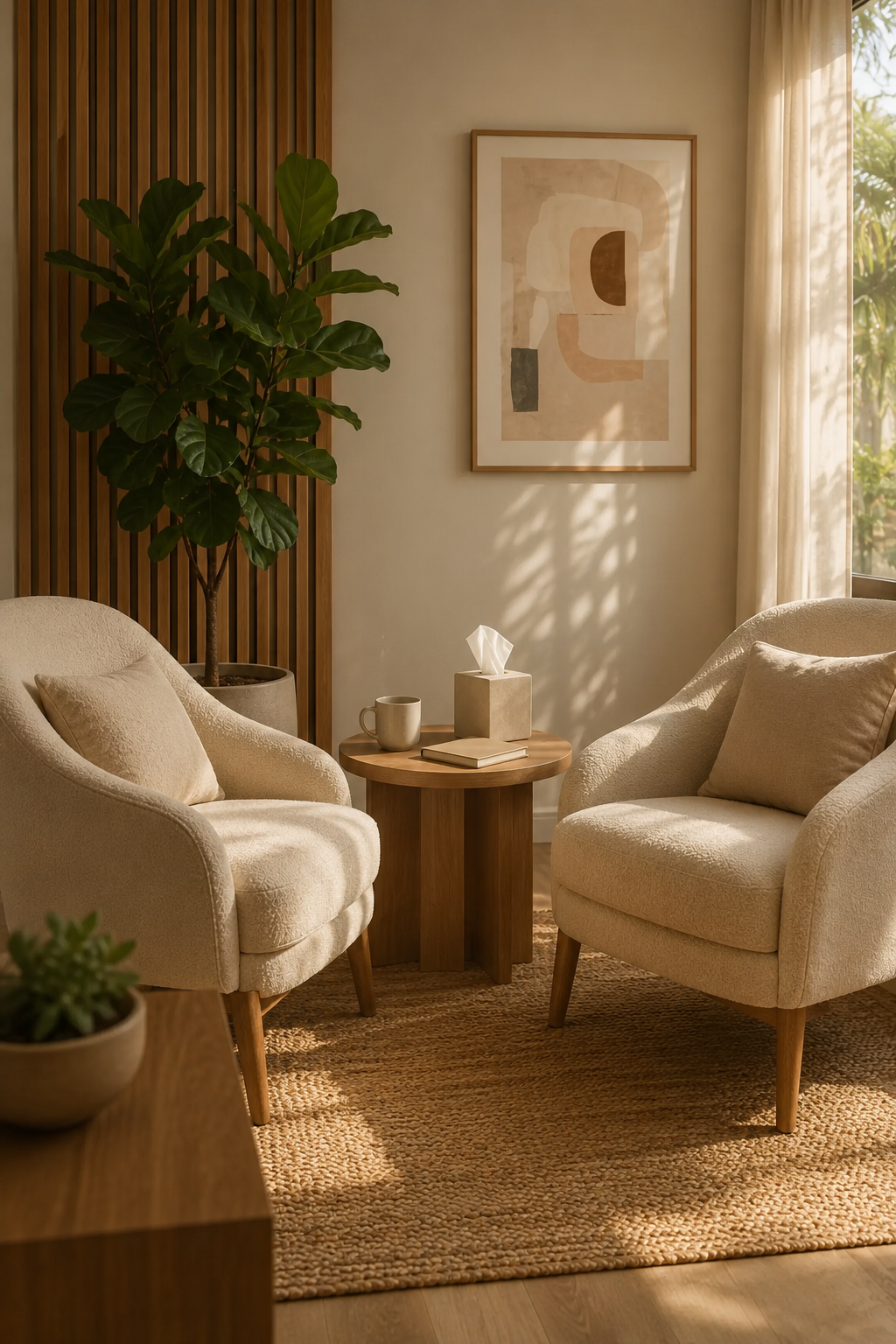A warm, sunlit counseling space with two cozy chairs, a small table, a mug, tissues, a journal, plants, and neutral decor arranged to feel calm and welcoming.