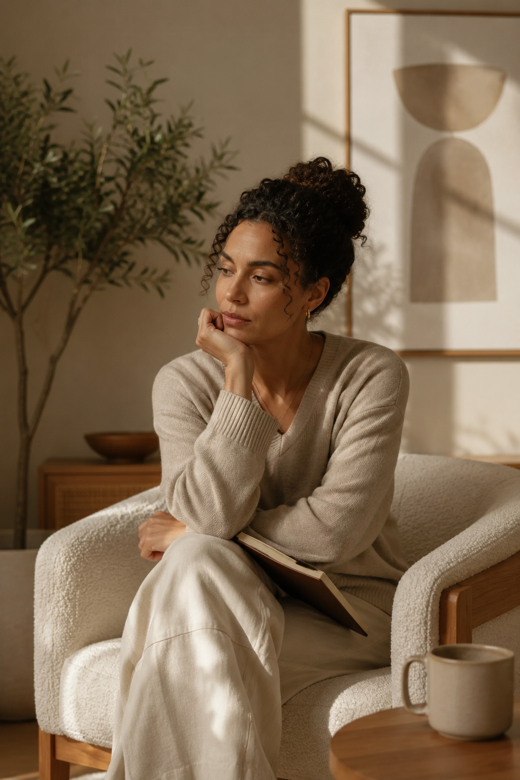 A woman sits thoughtfully in a warm, softly lit counseling space with a journal in her lap, surrounded by neutral decor and calming natural light.