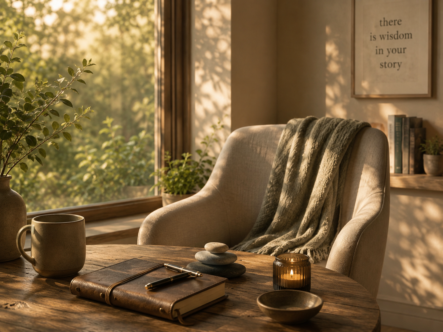 A warm, sunlit reading nook with a cozy chair, journal, candle, mug, plants, and a framed print that reads “there is wisdom in your story.”