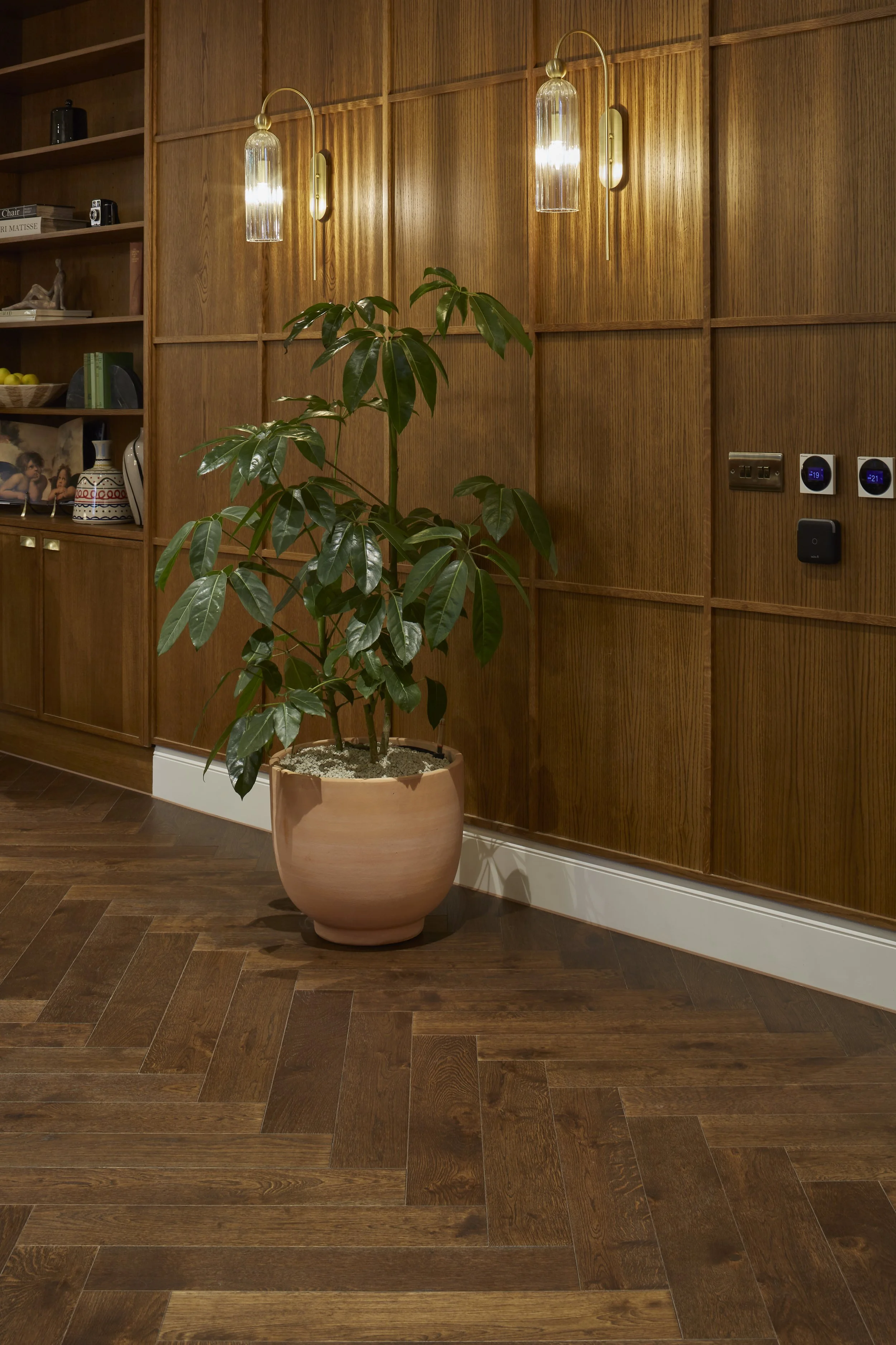 A wooden-paneled wall with two wall-mounted glass pendant lights. A large potted plant with broad green leaves is in the foreground. Part of a wooden bookshelf with decorative items and books is on the left. Wooden flooring and electrical outlets with digital thermostats are also visible.