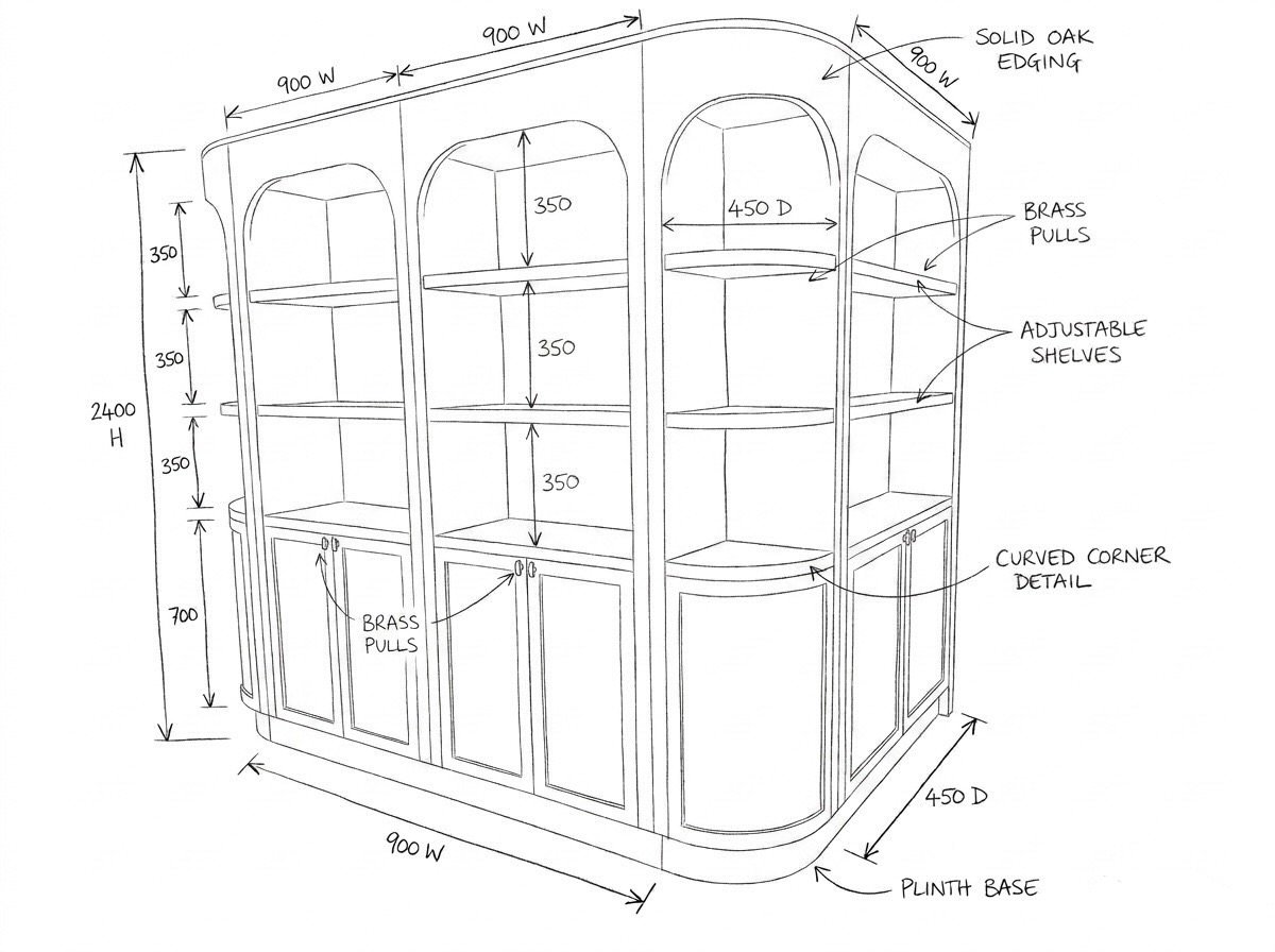 Design sketch of a corner bookshelf with detailed measurements, solid oak edging, brass pulls, adjustable shelves, curved corner detail, and a plinth base.