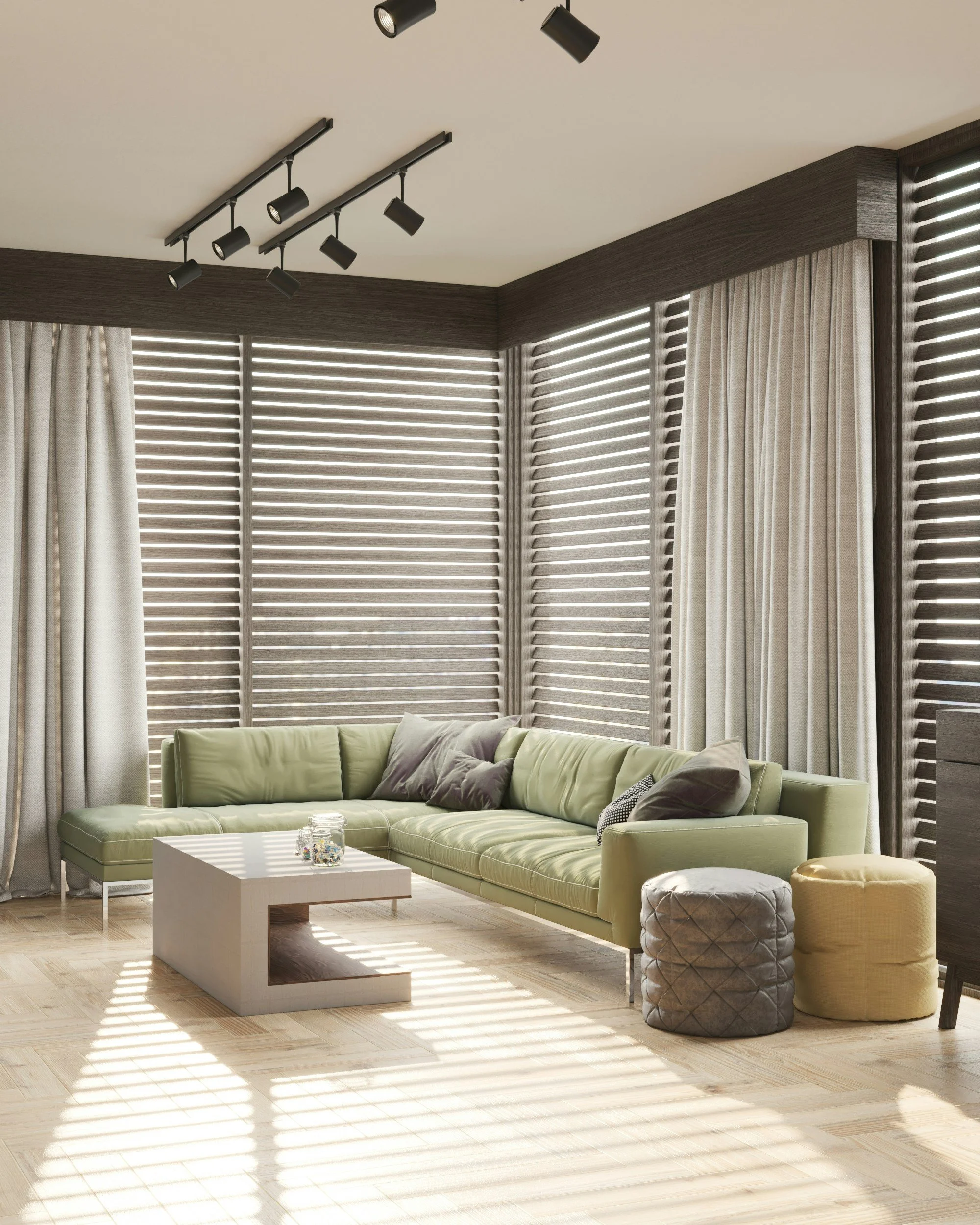Day & Night Blinds — A contemporary favourite, day and night blinds feature alternating sheer and opaque fabric panels that allow you to balance privacy and natural light throughout the day. They provide a stylish solution that works particularly wel