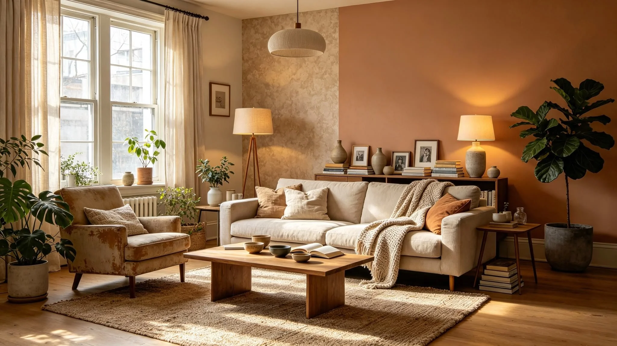 A cozy living room with beige sofas, assorted pillows, a wooden coffee table with bowls and a book, large windows with cream curtains, and indoor plants. The walls are warm-toned with framed art and decorative vases on a sideboard, complemented by soft lighting from lamps and a ceiling pendant.