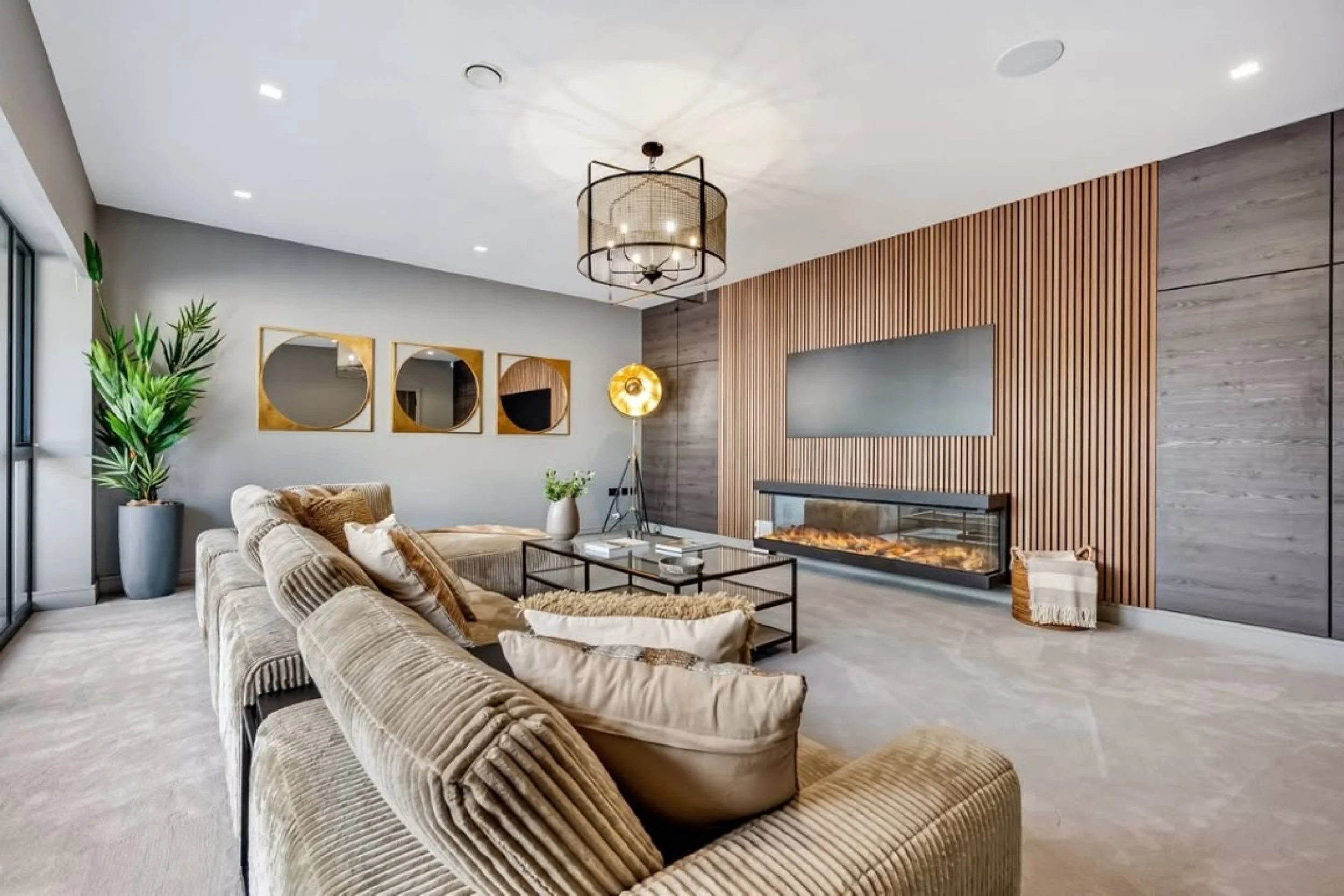 A modern living room with beige furniture, a fireplace, wooden accent wall, and decorative mirrors.