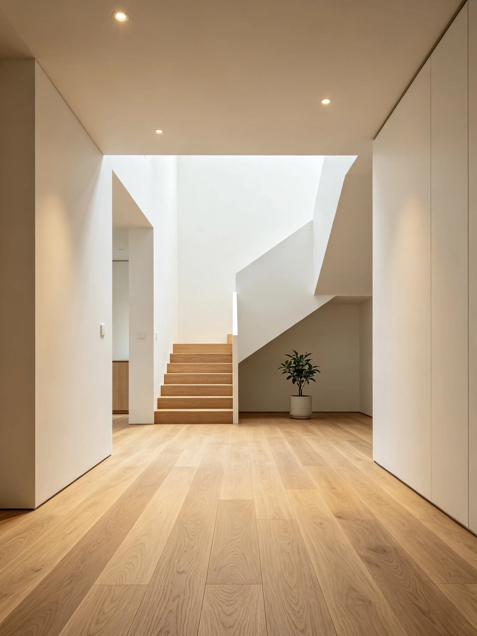 Minimalist interior with wooden flooring, white walls, wooden staircase, and a small potted plant