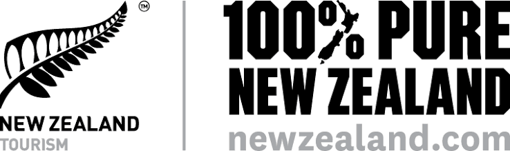 Logo with a black fern leaf on the left and bold text on the right stating "100% Pure New Zealand", with the website address "newzealand.com" below.