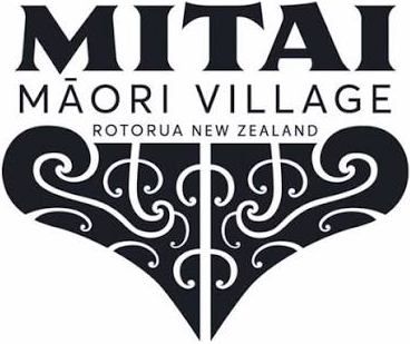 Logo with the words "MITAI MAORI VILLAGE ROTORUA NEW ZEALAND" above an intricate, symmetrical black design.