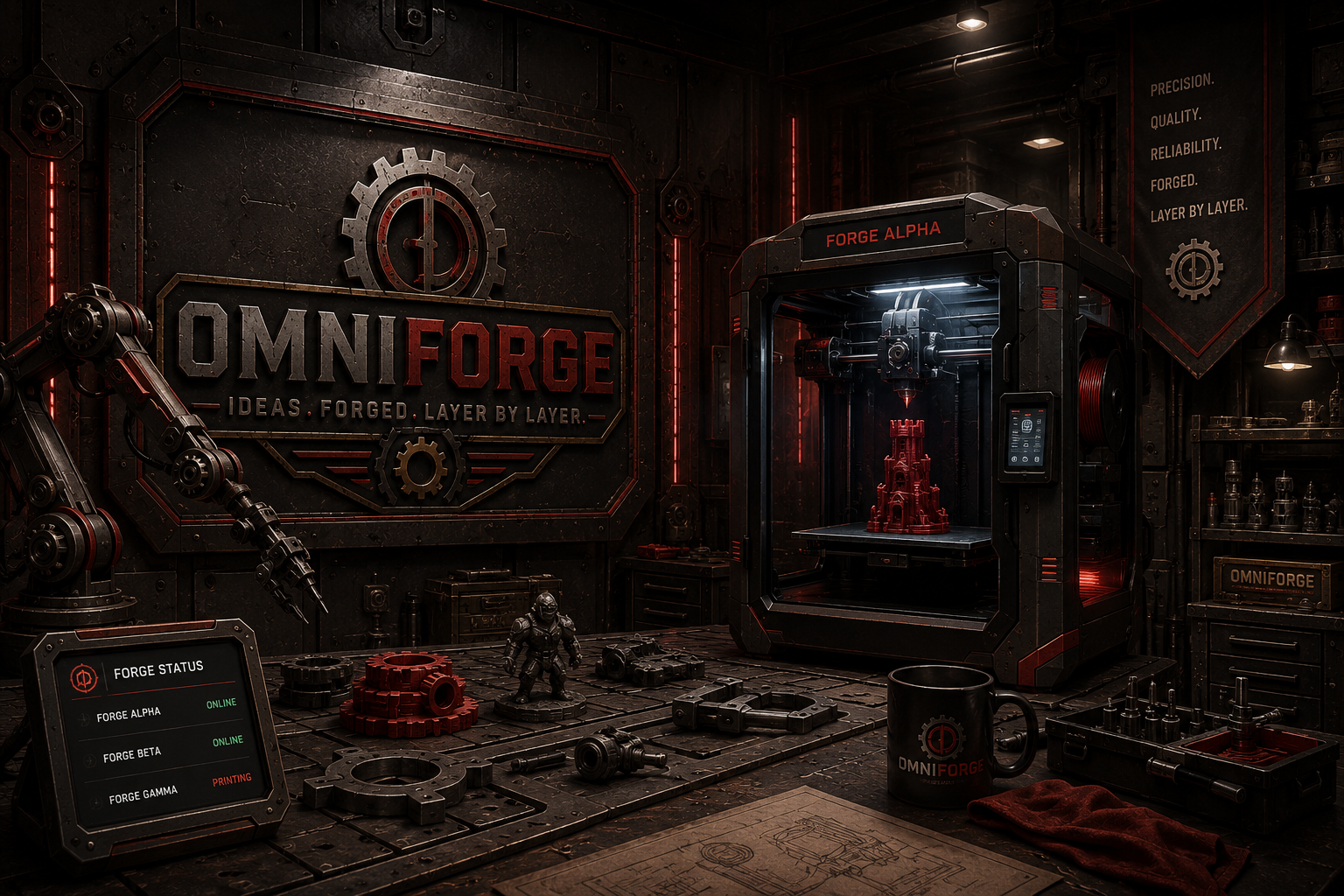 A high-tech workshop with a 3D printer in use, printing a red miniature castle. The workspace is dark with red lighting, displaying various gears, tools, and figurines. The wall behind features a large OMNIFORGE logo and a sign showing forge status updates. There is a black mug with the OMNIFORGE logo, a robotic arm, and a detailed blueprint on the workbench.
