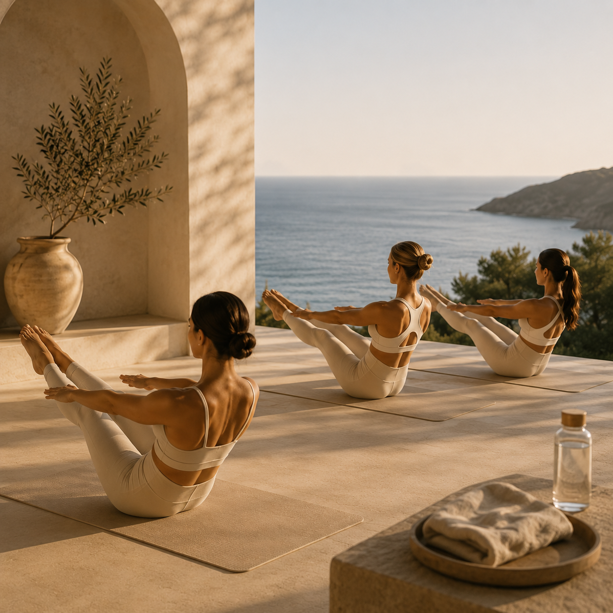 Three women practicing yoga on mats outdoors with scenic ocean view at sunset.