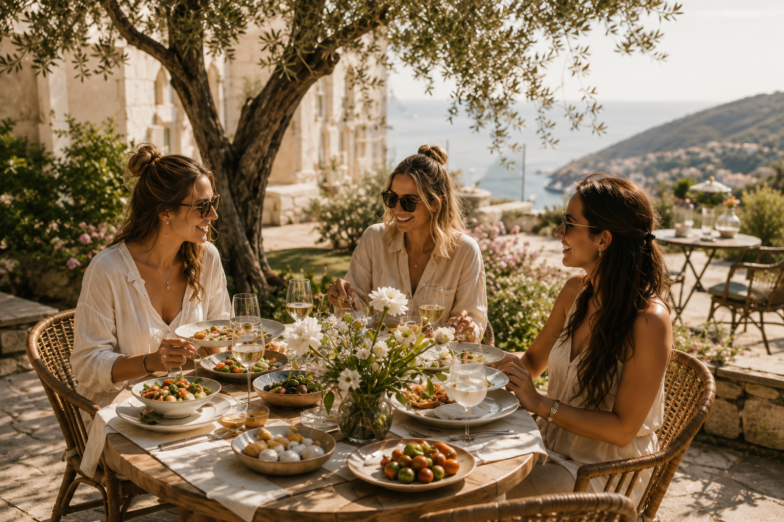 Three women having a meal outdoors at a round wooden table with a view of the sea, dressed casually in summer clothes, wearing sunglasses, smiling, with bowls of salads, a flower centerpiece, and glasses of white wine.