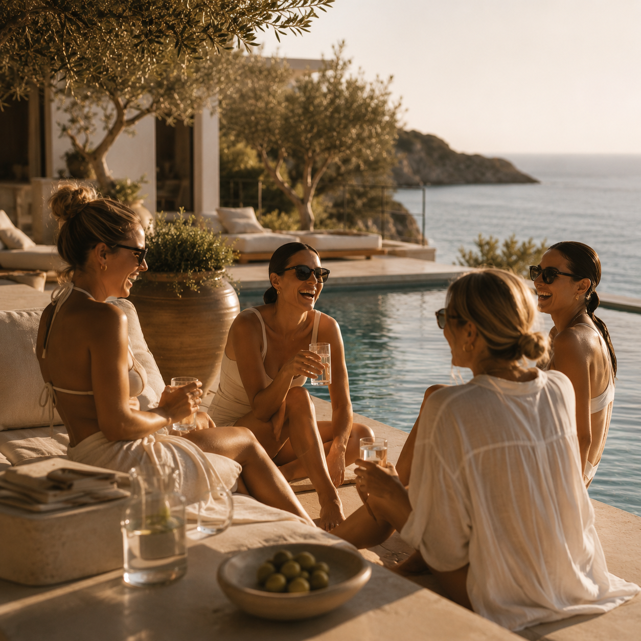 Five women in swimwear and sunglasses enjoying drinks and laughing by a poolside with ocean view and sunset in the background.